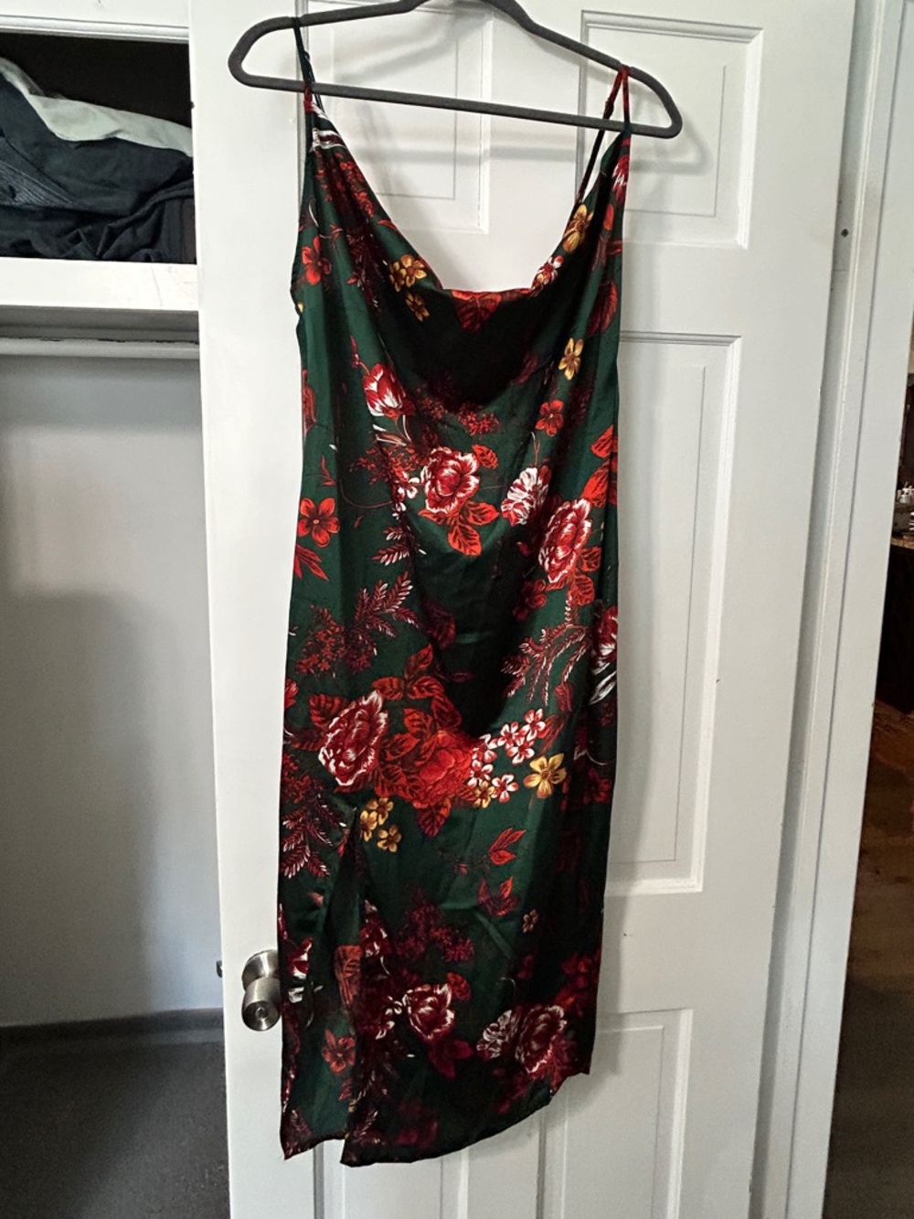 PrettyLittleThing Green Slip Midi Dress with Red Floral Print